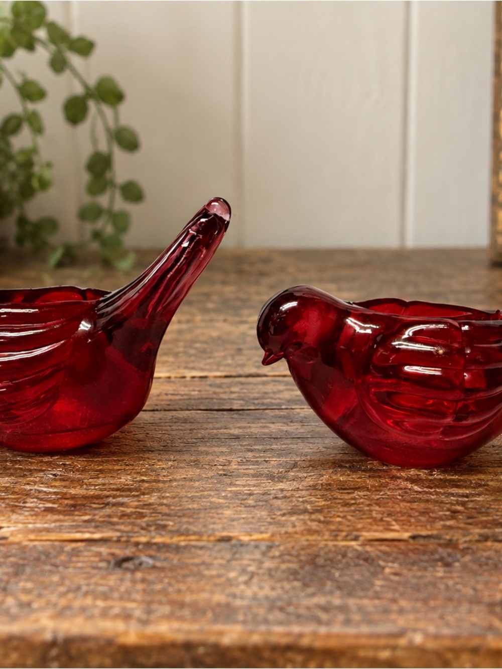 Vintage Ruby Red Glass Bird Figurines Candle Holders Pair Dove Sparrow Decor